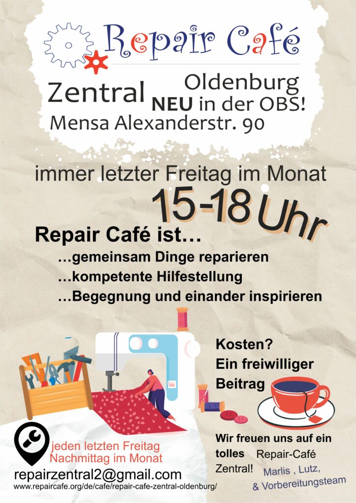 Plakat des Repair Café Zentral jeden letzten Freitag im Monat 15 bis 18 Uhr