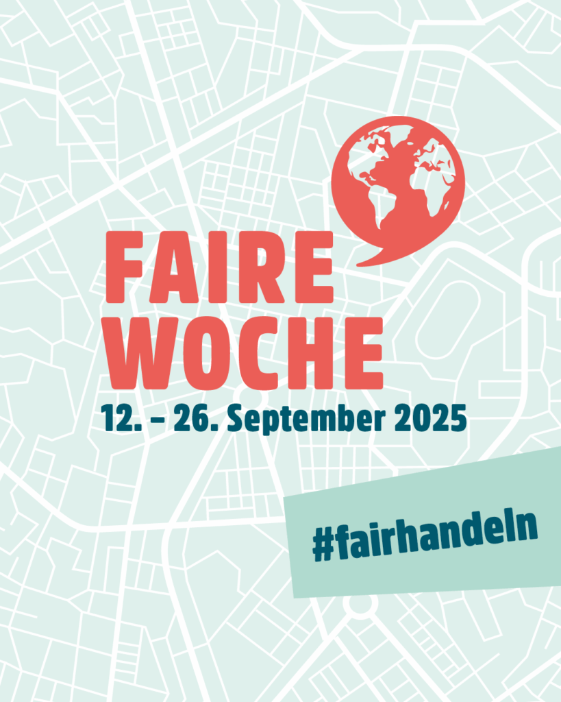 Bild mit Aufschrift "Faire Woche" und im Hintergrund ist eine Straßenkarte zu sehen.