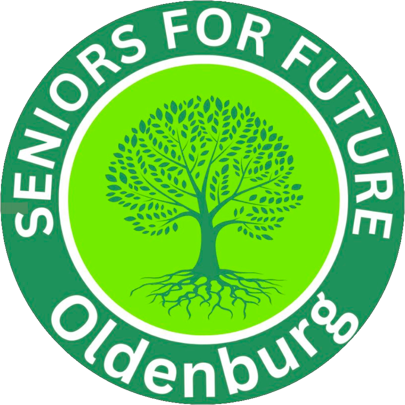 Logo der Seniors for Future Oldenurg: Außen dunkelgrüner Rand mit dem Namen der Gruppe in weißer Schrift, innen ein hellgrüner Kreis mit einerm gezeichneten Baum in dunkelgrüner Farbe