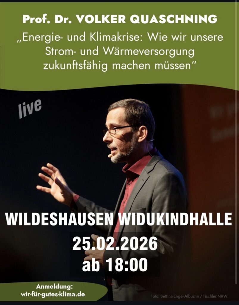 Sharepic mit den Eckdaten zum Vortrag von Prof. Dr. Volker Quaschning in Wildeshausen am 25.2.26