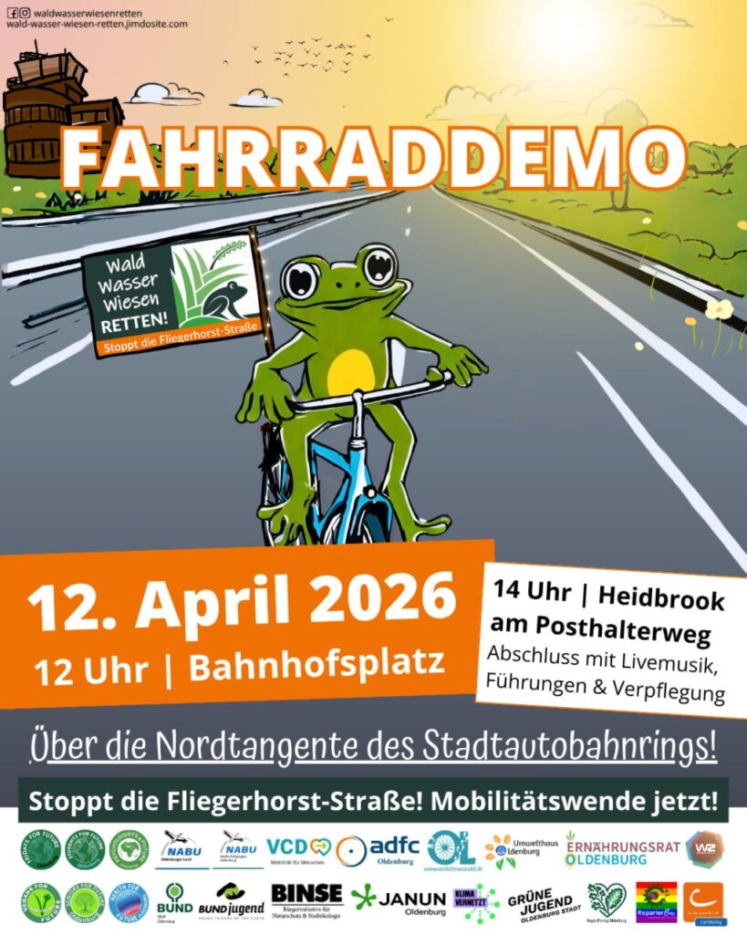 Frosch fährt Fahrrad auf einer Straße mit einer Fahne von "Wald Wasser Wiesen RETTEN!". Aufruf zur Fahrraddemo am 12. April um 12 Uhr.