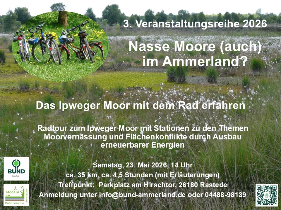 Veranstaltungseinladung. Zu sehen ist ein Moorfoto mit dem Titel, dem Ort und den Zeitangaben zur Veranstaltung, ein QR-Code und die Logos der VeranstalterInnen
